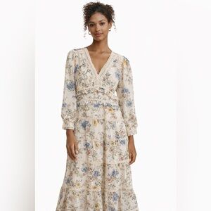 h67. New Embroidered Floral V-Neck Long Sleeve Maxi Dress - Cream/Blue